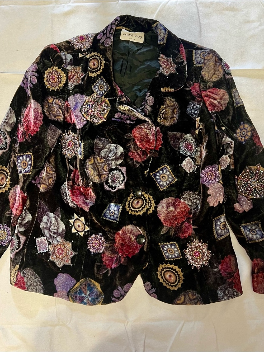 Vin tage André Laug Roma Beaded Velvet Blazer Jacket Jeweled Medallion Print Ita